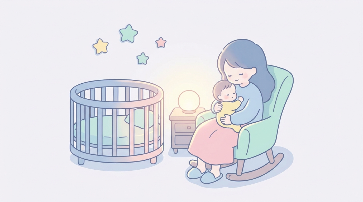 薄暗い部屋でベビーベッドの赤ちゃんを優しく見つめながら授乳する母親のシルエット、温かい雰囲気