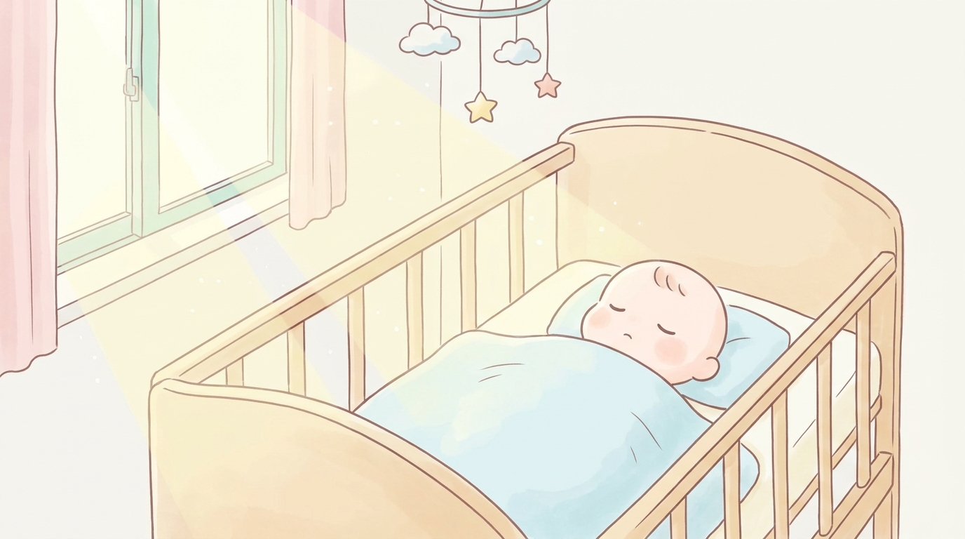 ベビーベッドで穏やかな表情で眠る生後10か月ごろの赤ちゃん、淡い朝の光が差し込む寝室
