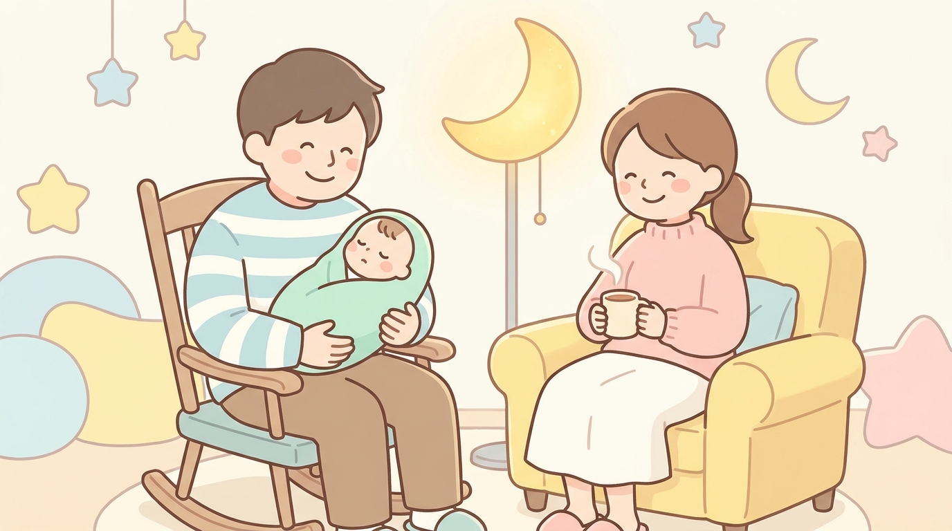 パパが赤ちゃんを抱っこして寝かしつけている、ママは横でほっと一息つきながら見守るあたたかな夜の家族の風景
