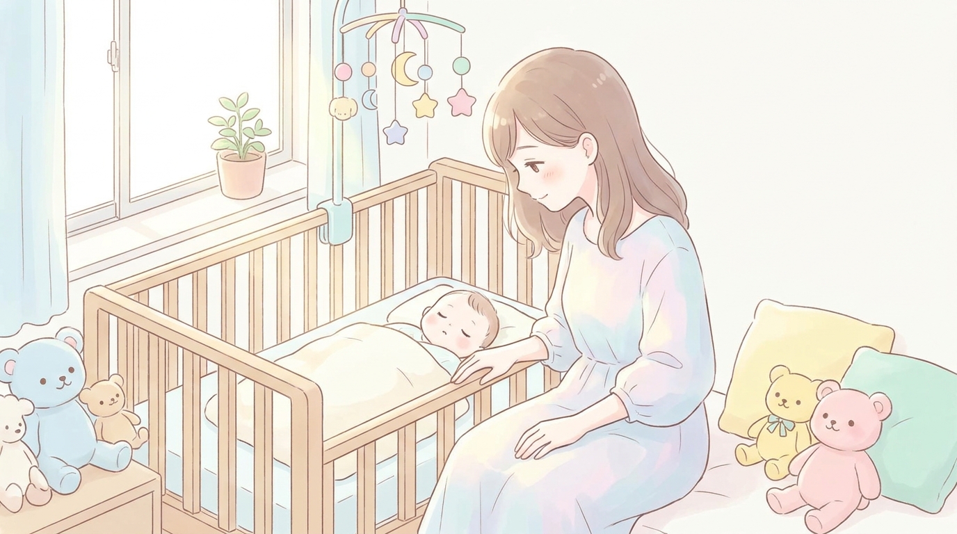 柔らかな自然光が差し込む寝室で、ベビーベッドに横たわる生後数ヶ月の赤ちゃんを優しく見守る母親
