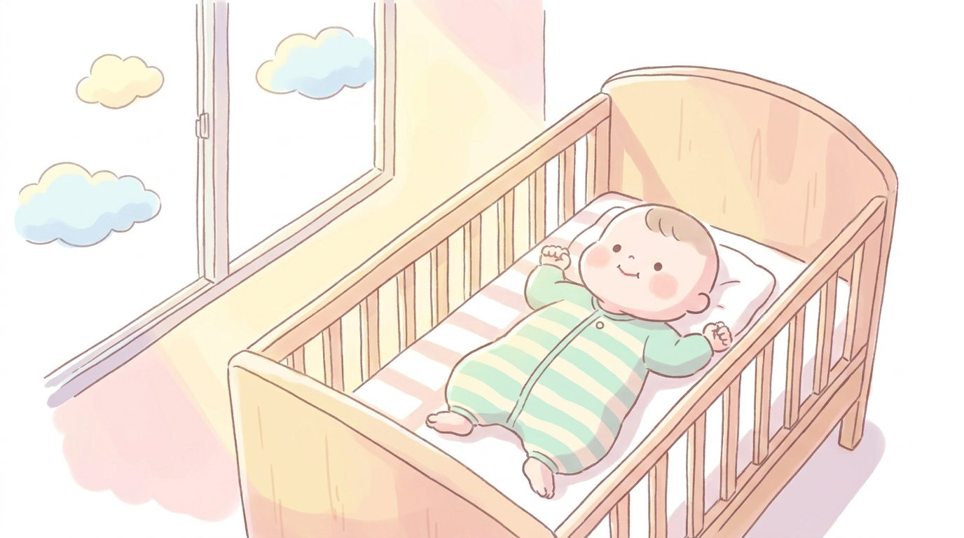 ベビーベッドの中で目を覚ましてニコッと笑う生後6ヶ月くらいの赤ちゃん。窓辺に朝日が差し込む明るい雰囲気