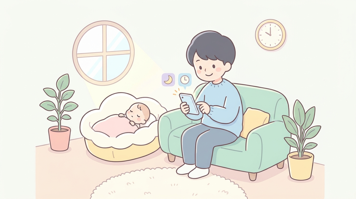 リビングのソファでスマートフォンの育児アプリを見ながら寝かしつけのタイミングをチェックする30代の父親