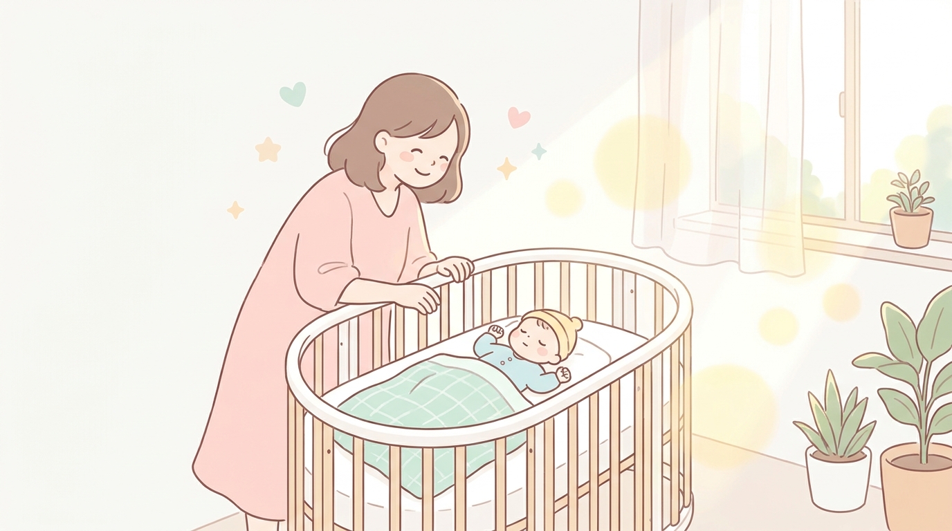 白いベビーベッドの中で安らかに眠る生後数ヶ月の赤ちゃんを優しく見守る母親、柔らかな朝の自然光が差し込む寝室