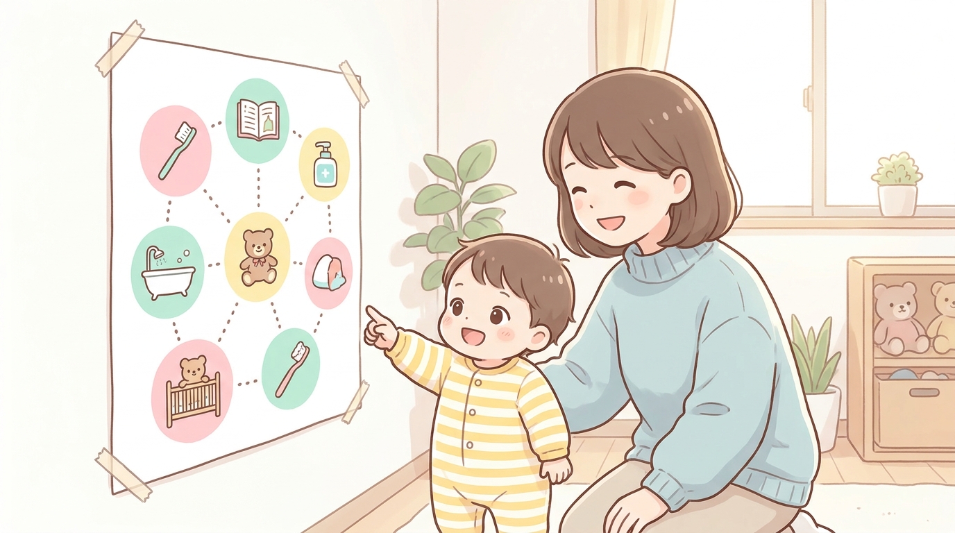 寝る前のルーティンを描いたカラフルなイラストチャートを指差しながら笑顔で母親と話す2歳くらいの子ども、リビングの壁に貼られた手作りの図