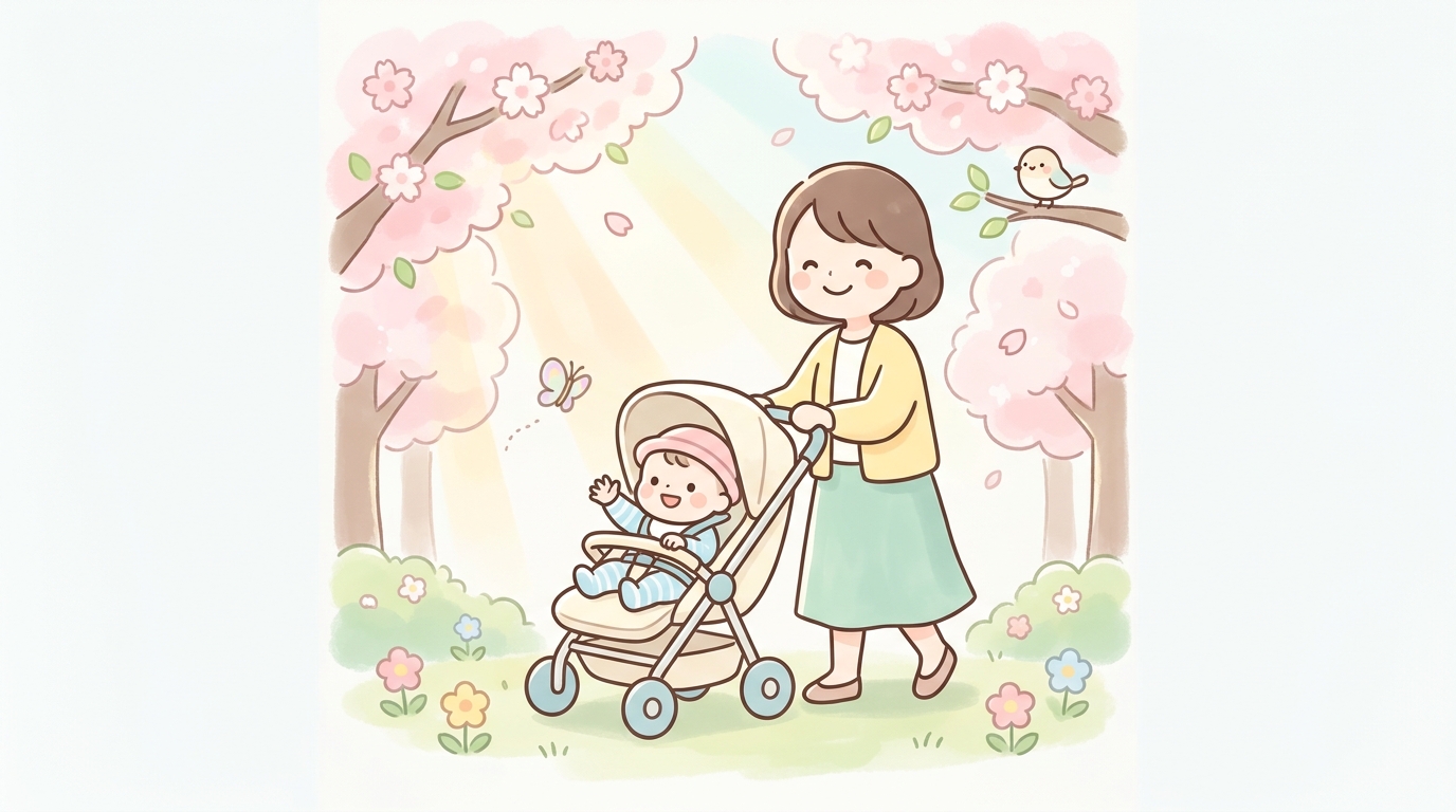 春の柔らかな日差しの中、ベビーカーを押しながら笑顔で散歩する母親と赤ちゃんの様子