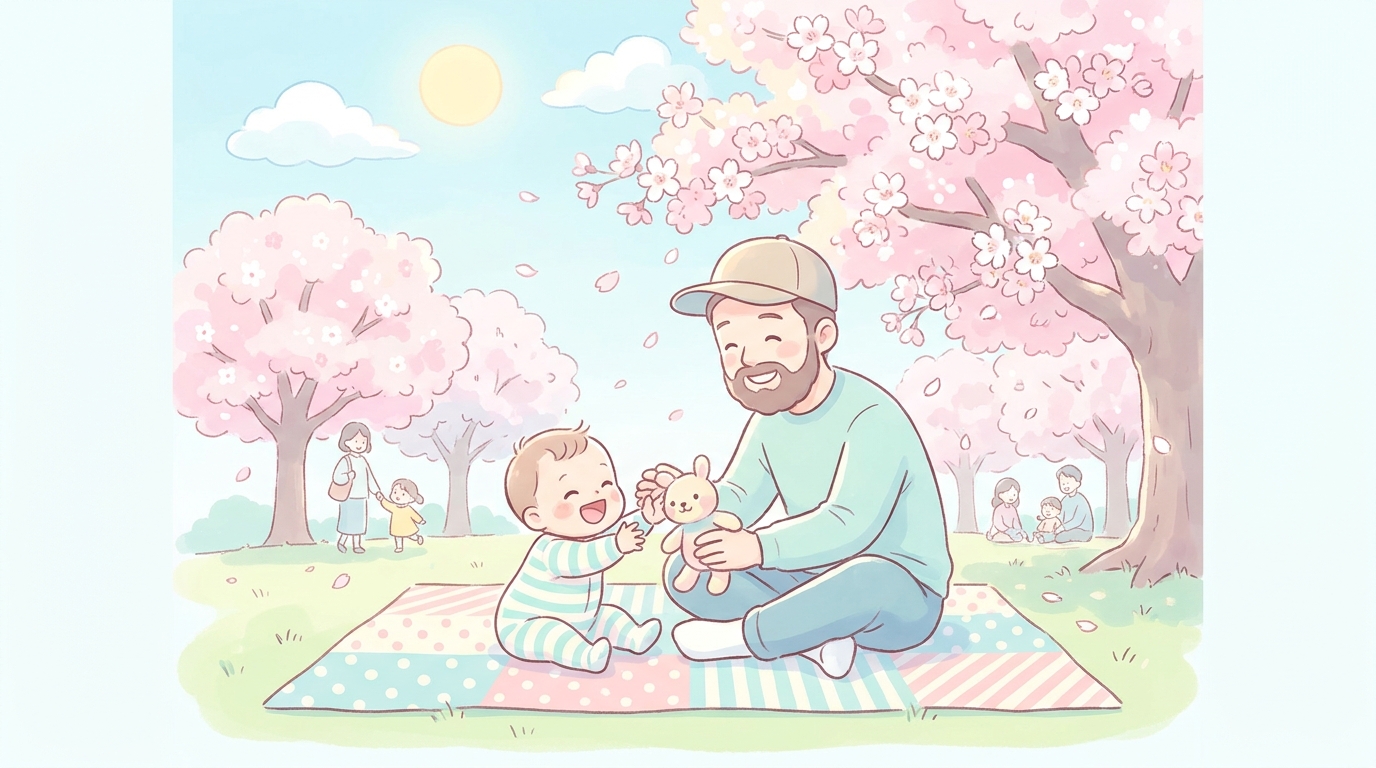 公園のレジャーシートの上で笑顔の赤ちゃんと一緒に遊ぶ若いパパ、背景には桜の木