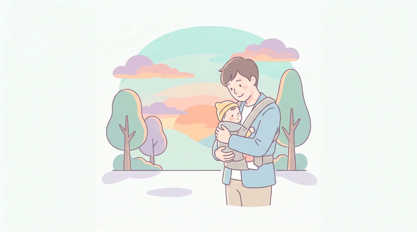 夕方の公園で帽子をかぶった赤ちゃんを抱っこ紐で抱き、優しく見つめる父親