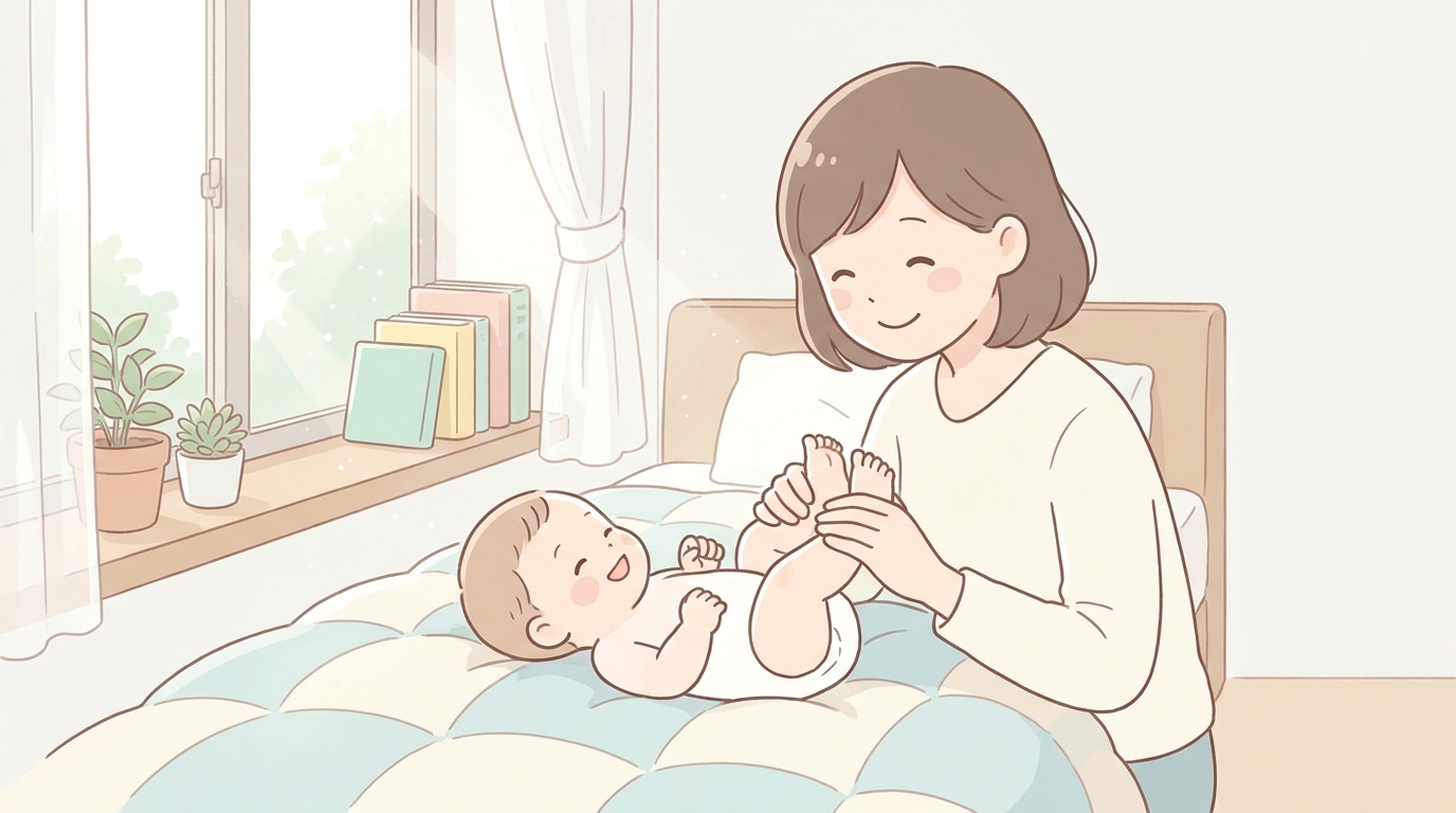 明るい窓辺のベッドで仰向けになった赤ちゃんの足を、母親が両手で優しく包み込んでマッサージしている温かい雰囲気のシーン