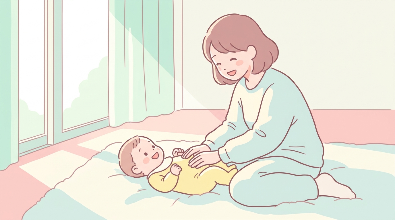 部屋着姿の母親が笑顔で赤ちゃんのお腹を撫でており、赤ちゃんが見上げて微笑んでいる柔らかな自然光の室内シーン