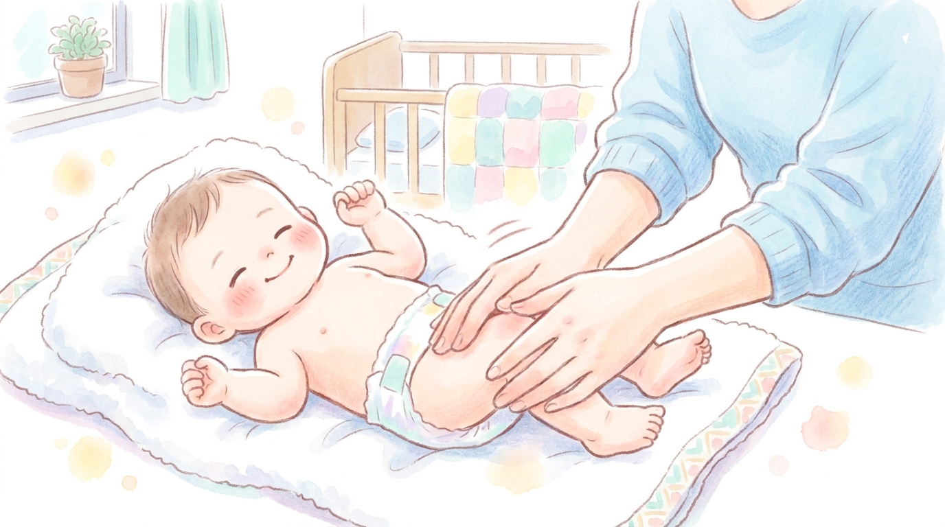 バスタオルの上に寝かされた裸の赤ちゃんの両足を、母親の両手が優しく包み込んでなで下ろしている、自宅のリビングでのマッサージシーン