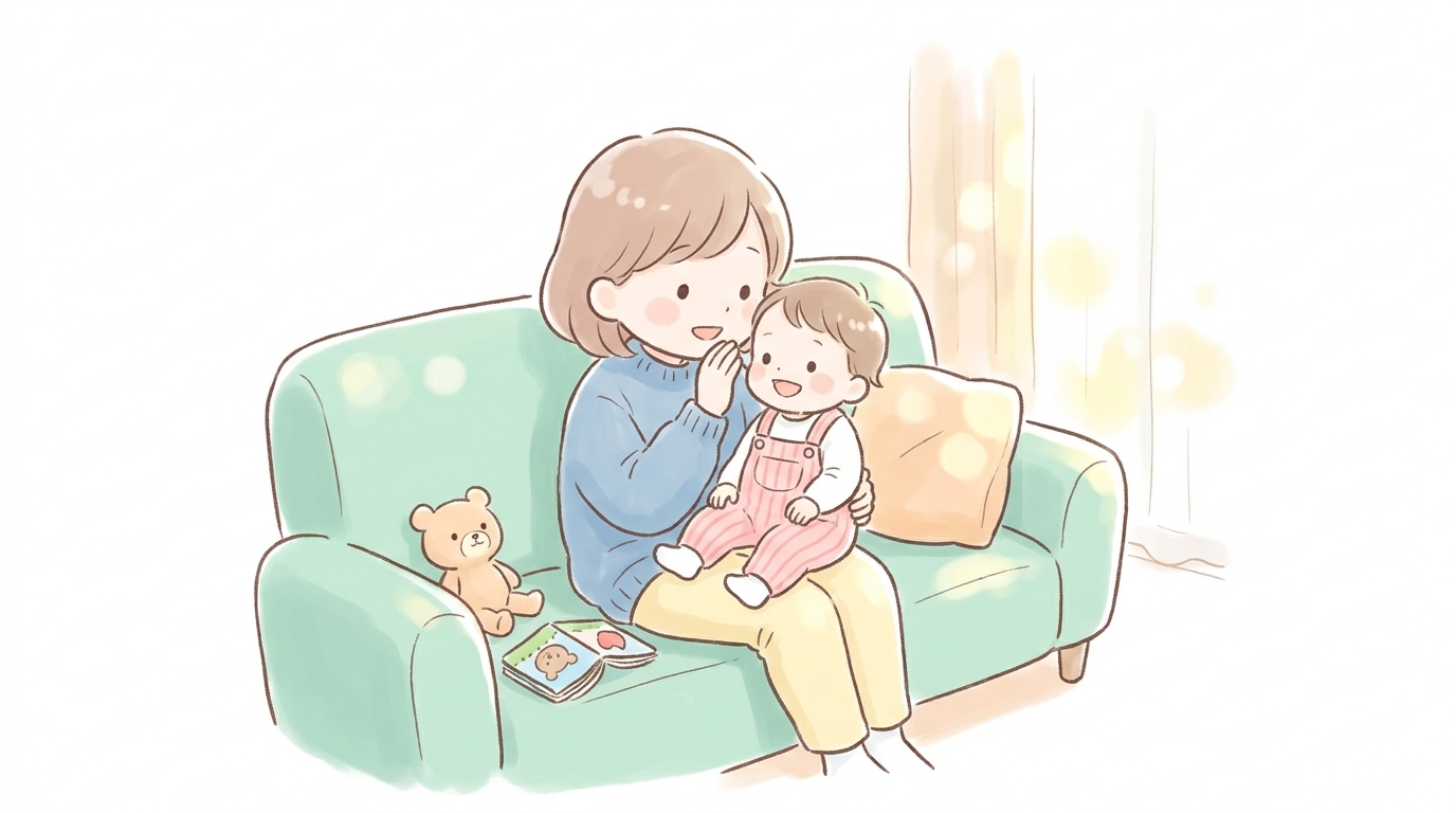 リビングのソファで1歳の子どもを膝に乗せて笑顔で語りかける母親の温かい光景