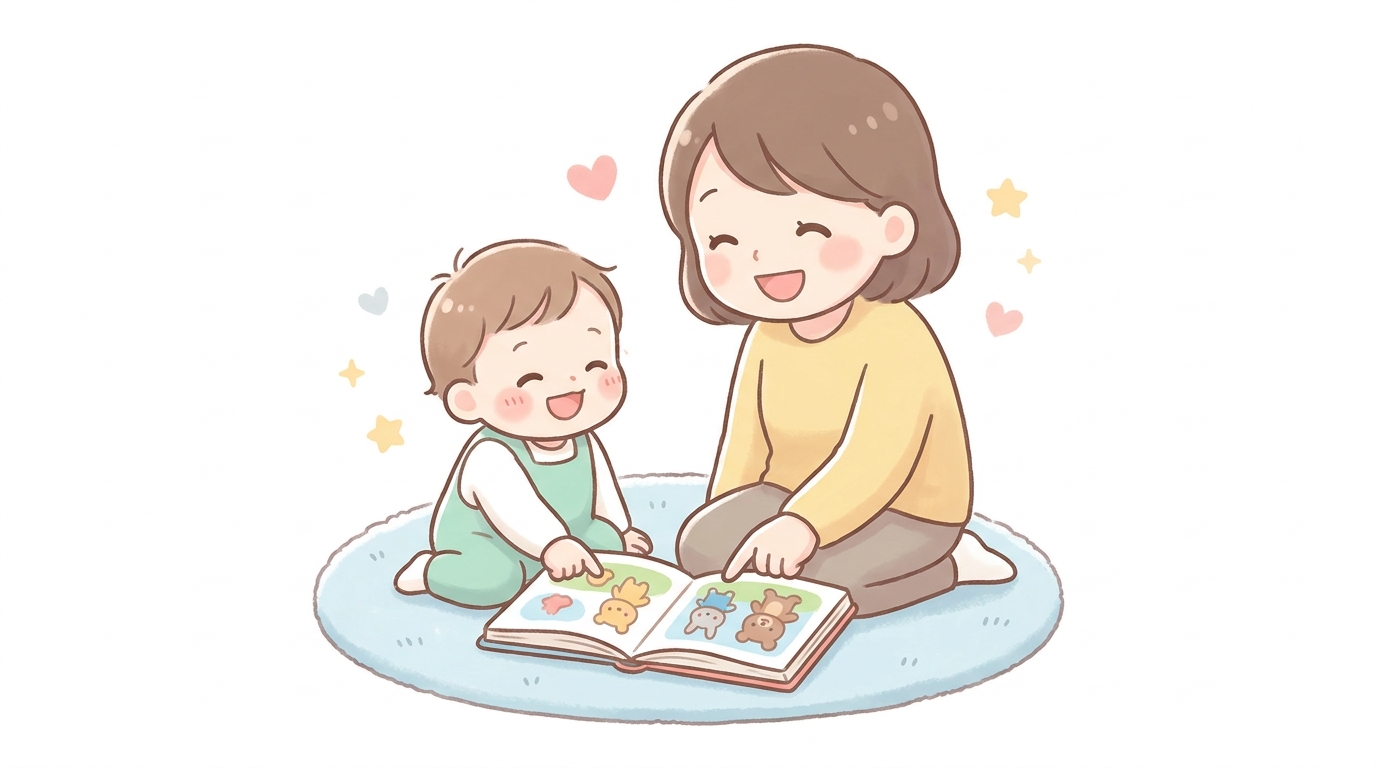ラグの上で母親と1歳児が向かい合って絵本を一緒に指さしながら笑い合う様子