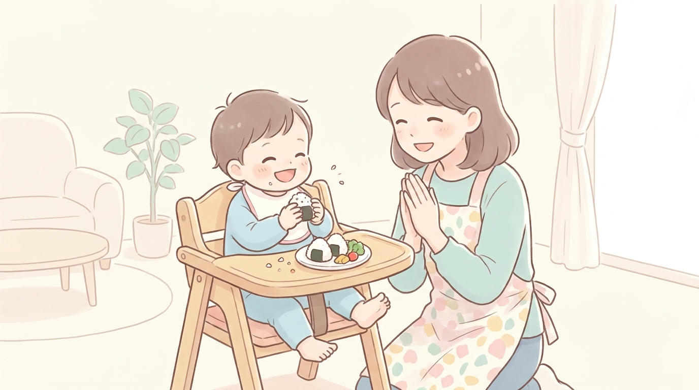 ハイチェアに座って手づかみでおにぎりを食べる笑顔の1歳児と、優しく見守る母親の様子