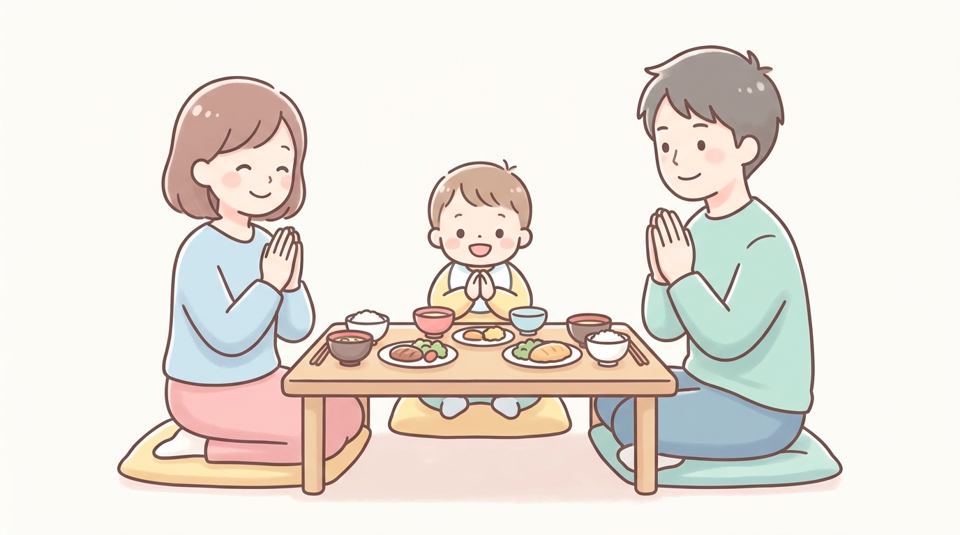 家族そろって食卓を囲み、笑顔で「いただきます」のポーズをする親子の温かい食事風景