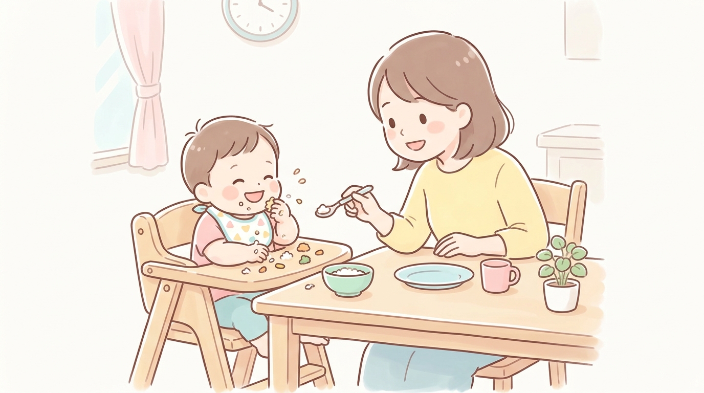 ダイニングテーブルで親子が向かい合って笑顔で食事をしている様子、子どもは木製のベビーチェアに座っている