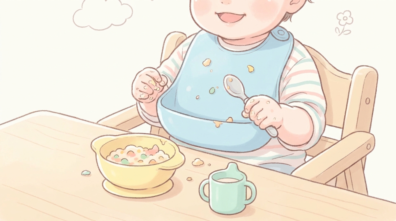 シリコン製のポケット付きエプロンを着けた1歳児が、吸盤付きの食器を使って食事をしている様子