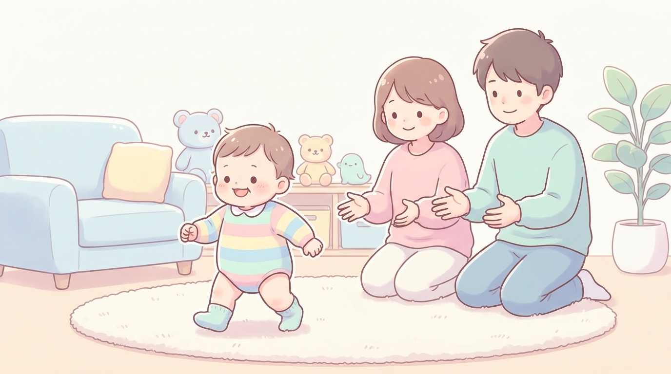 リビングで初めての一歩を踏み出そうとする1歳の赤ちゃんと、笑顔で見守る両親
