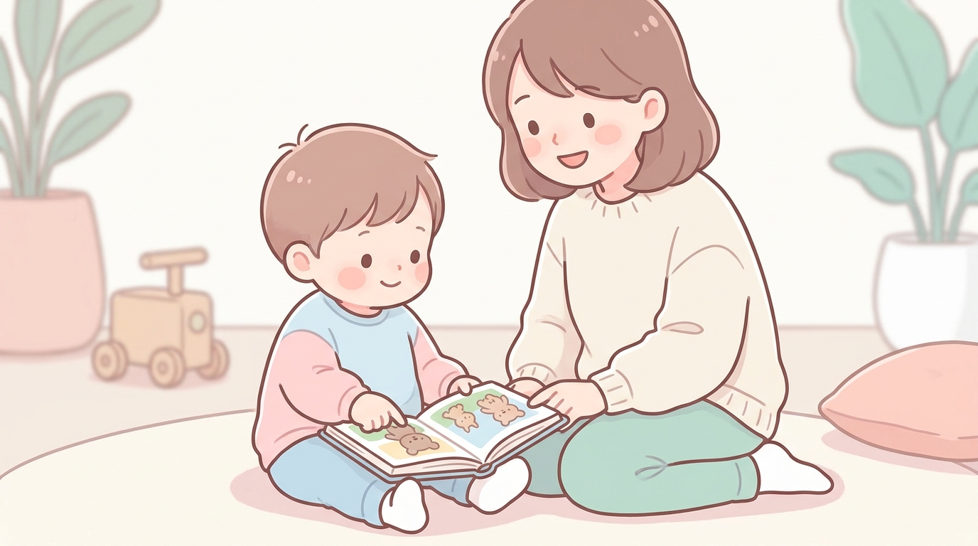 絵本を指さしながら「これは？」と話す1歳半の子どもと、目を合わせて応答する母親