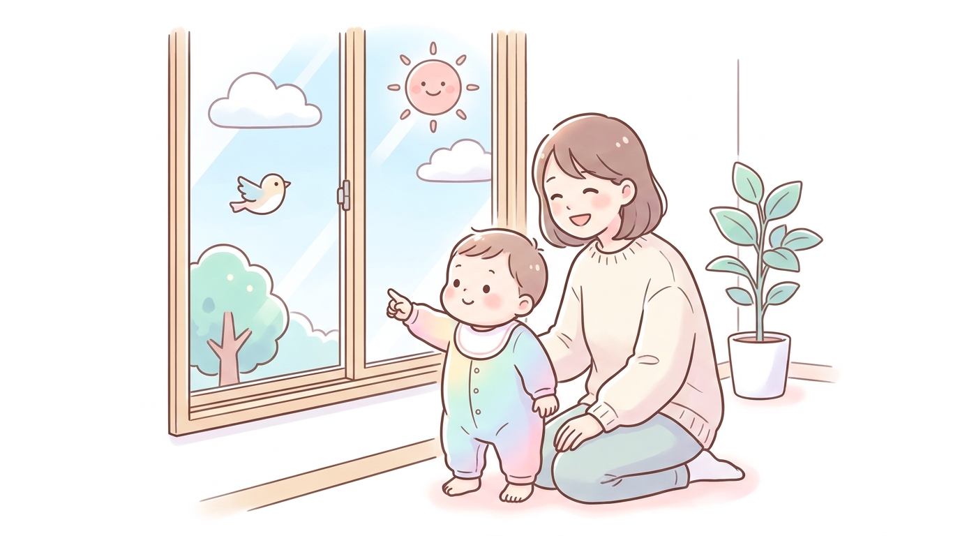 窓の外を小さな人差し指で指差す1歳の赤ちゃんと、笑顔で隣に寄り添う母親の柔らかな雰囲気の写真