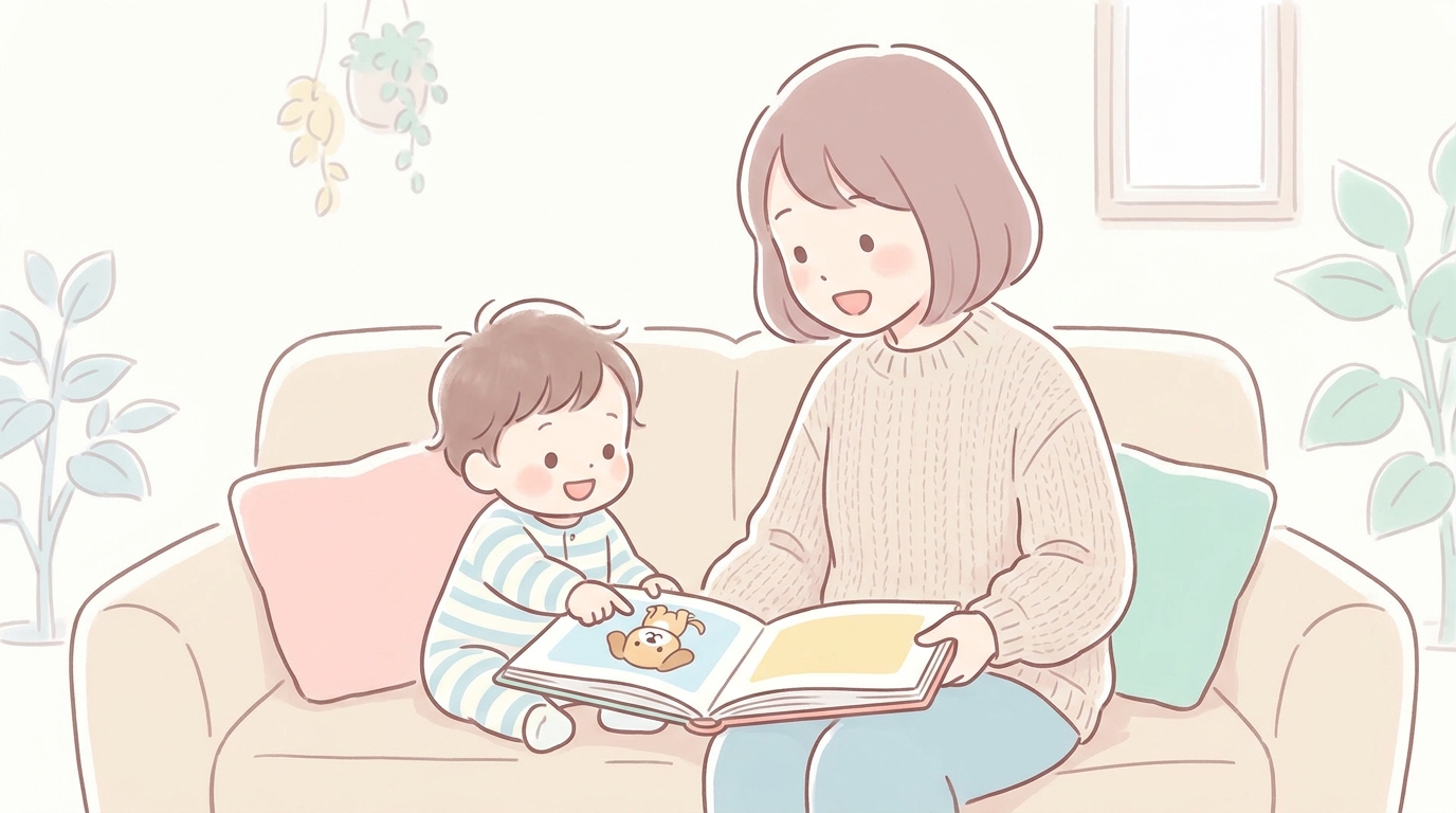 絵本を一緒に見ながら「わんわんはどれ？」と問いかける母親と、嬉しそうに犬の絵を指差す1歳半の子どもの温かい家庭の風景