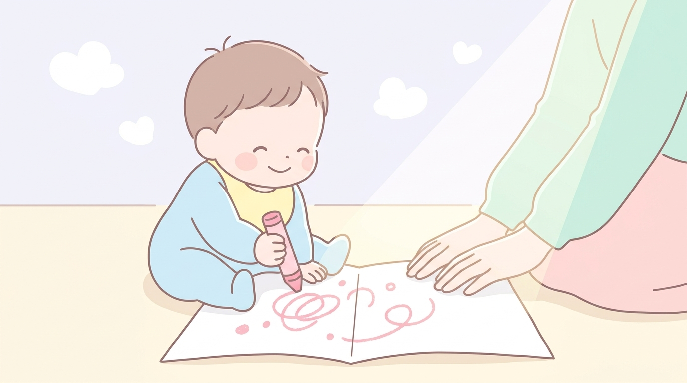 床に広げた大きな画用紙にクレヨンで点や線を描く1歳の子どもと、優しく見守るお母さんの手元