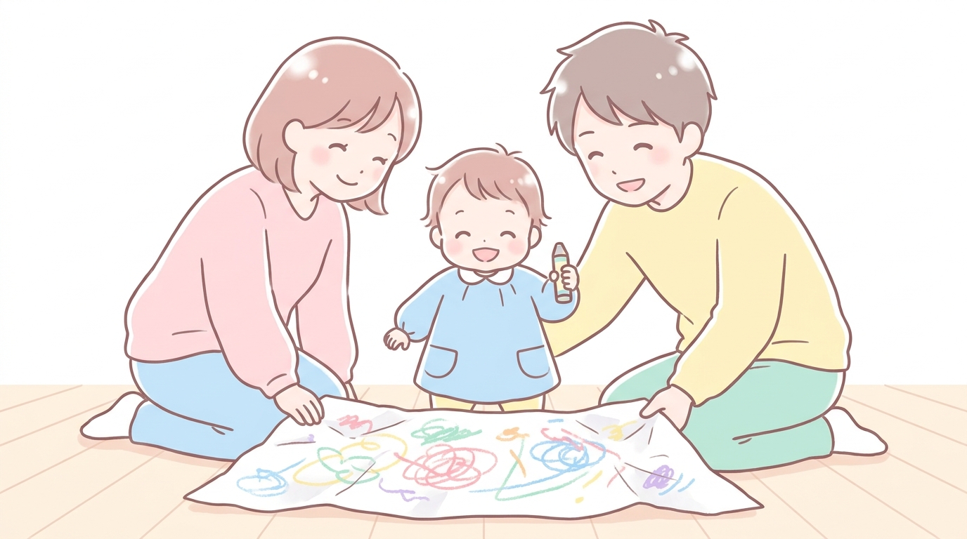 リビングの床に大きな模造紙を広げ、スモックを着てクレヨンを握る1歳児と笑顔で寄り添う両親