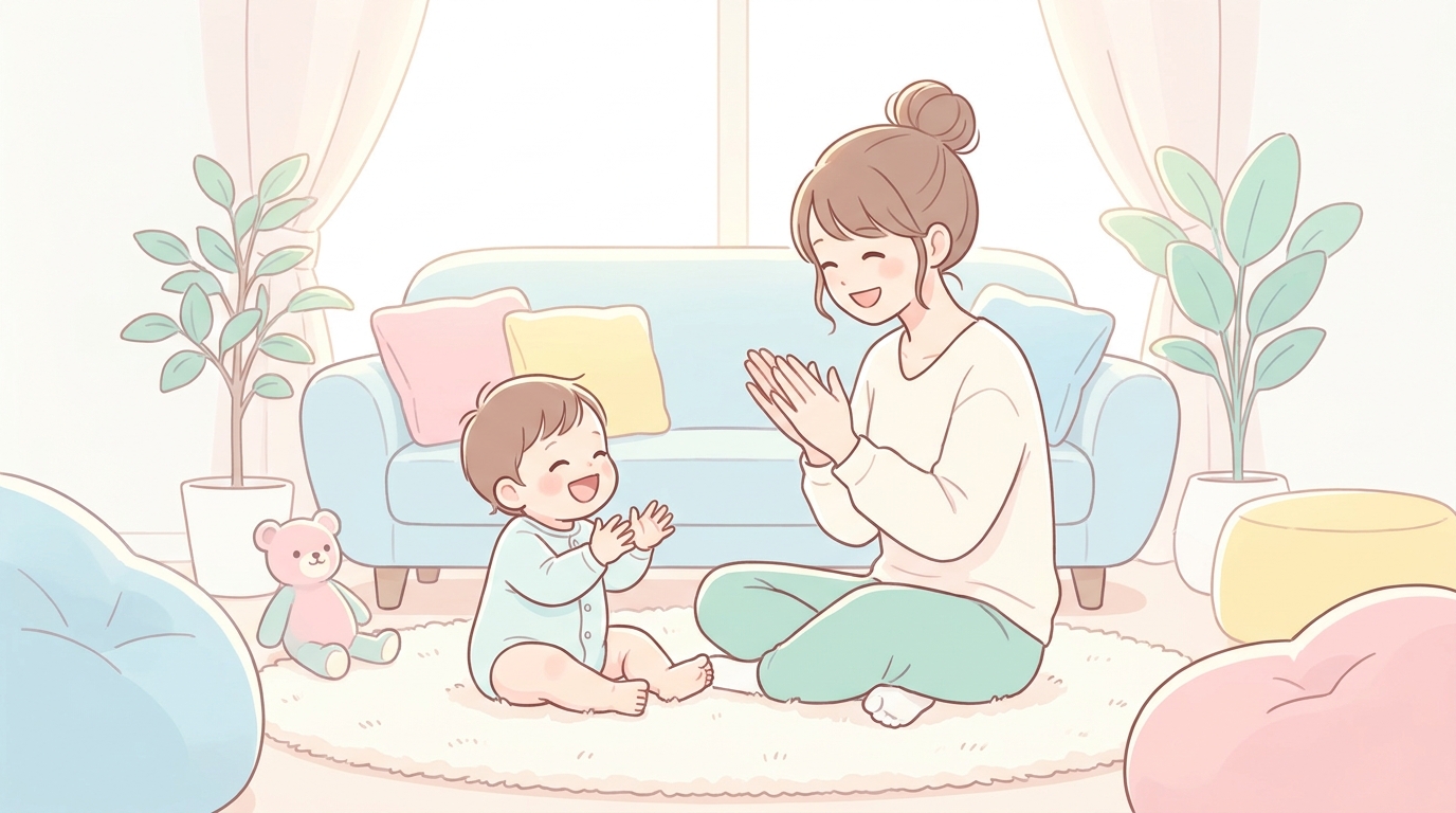笑顔で向かい合いながら手遊び歌をする母親と1歳の子ども、明るいリビングの雰囲気