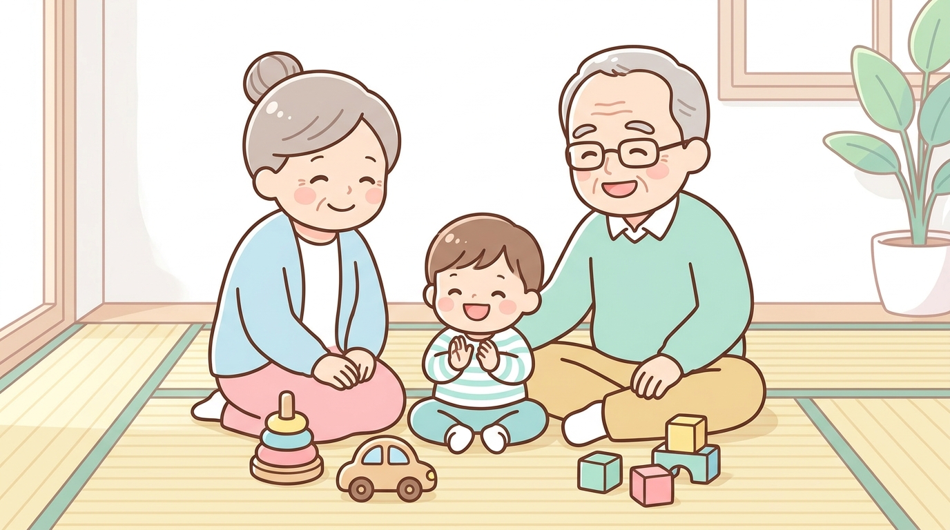 木のおもちゃが並ぶ畳の上で手をたたいて笑う1歳児と祖父母の温かい家族風景