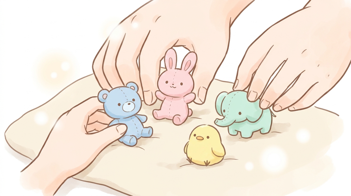 カラフルなぬいぐるみを使って子どもと一緒に遊ぶ父親の手元のクローズアップ