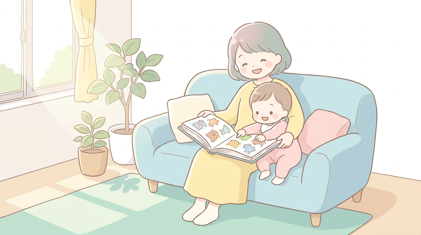ソファで母親の膝に乗った1歳児が絵本を指さし、二人で笑顔になっている柔らかな自然光のリビング