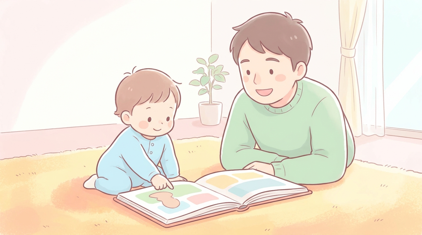 床に座って絵本のページを指さす1歳児と、隣で笑顔で見守る父親、暖色系のラグの上