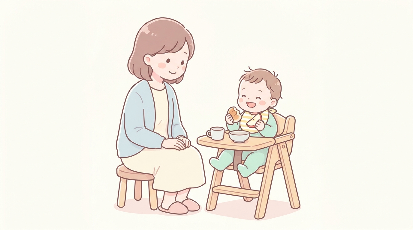 木製のベビーチェアに座り、笑顔で手づかみ食べをする1歳の赤ちゃんと見守る母親