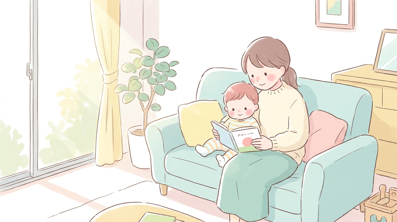 リビングのソファで絵本を読みながら寄り添う母親と1歳の子ども、優しい自然光が差し込む雰囲気