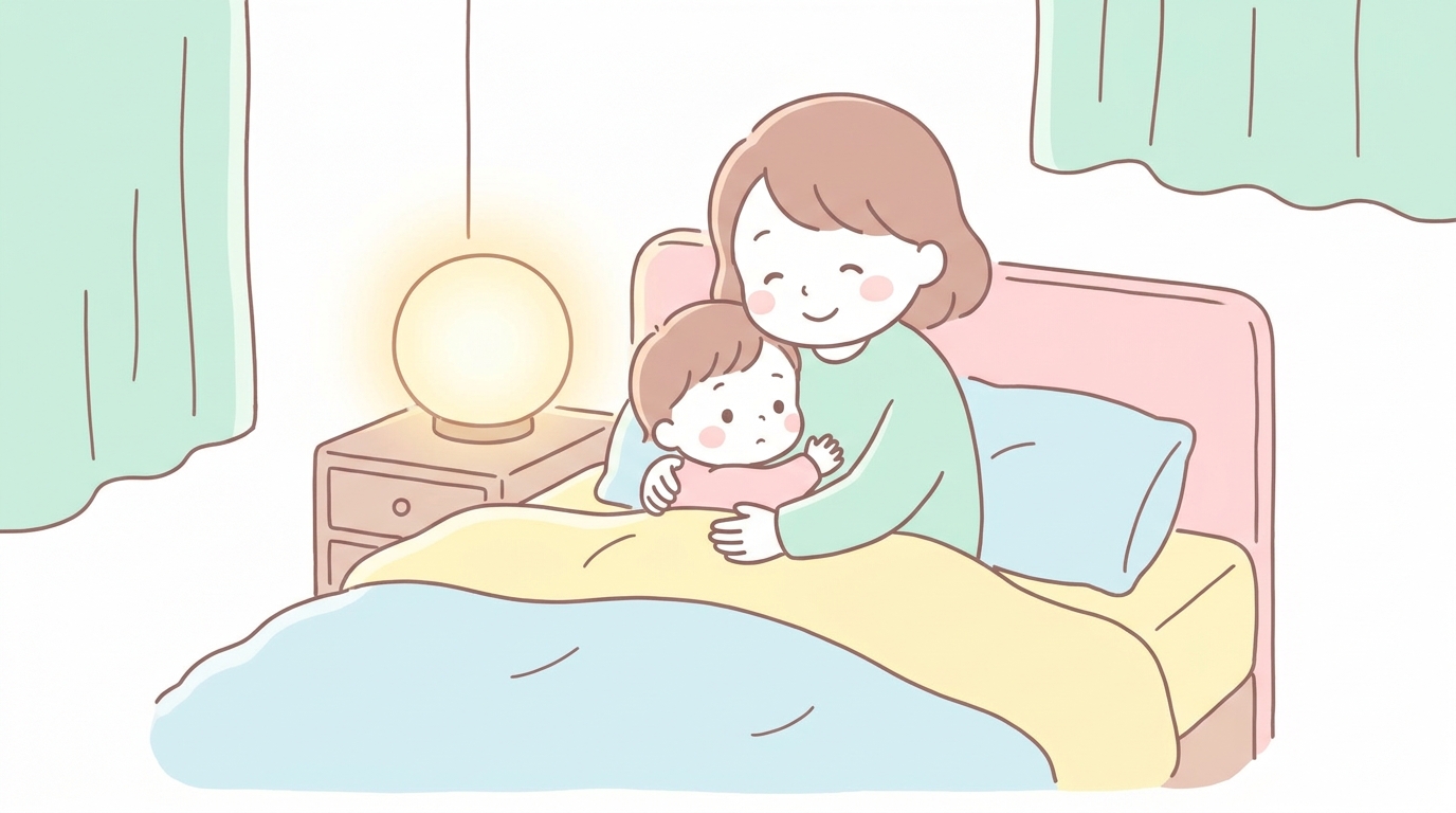 ベッドルームで子どもを抱きしめながら笑顔で語りかける母親、温かみのある照明