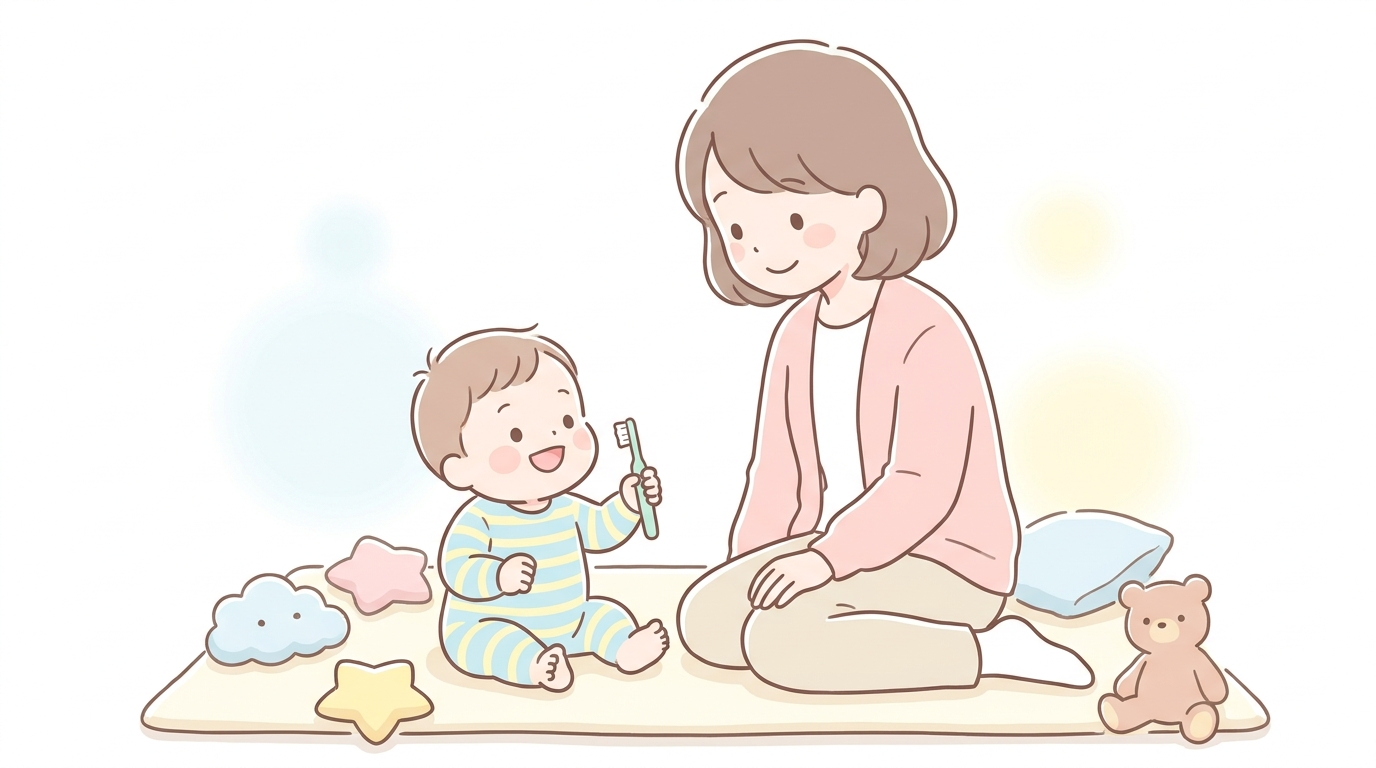 笑顔で歯ブラシを持つ1歳ぐらいの赤ちゃんと、優しく見守るお母さんのナチュラルな雰囲気の親子写真