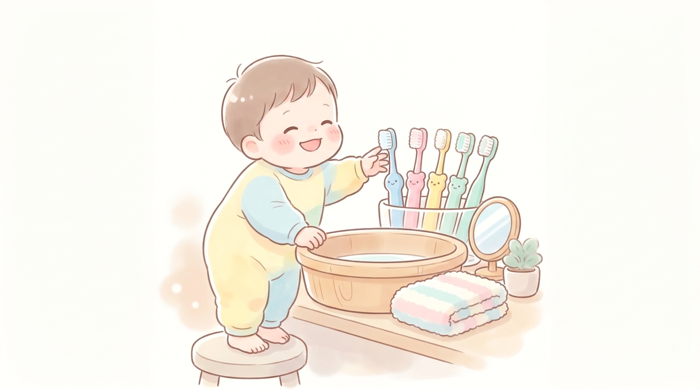 カラフルな子ども用歯ブラシが並んだ洗面台で、嬉しそうに歯ブラシを選ぶ1歳児の様子
