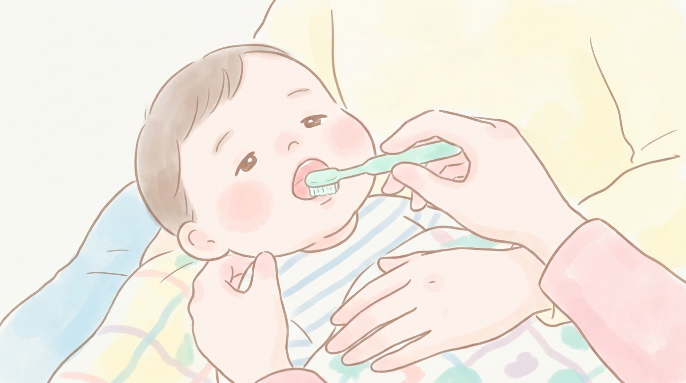 お母さんの膝の上で寝かせ磨きをされている1歳児、口元のクローズアップで歯ブラシを優しく当てている様子