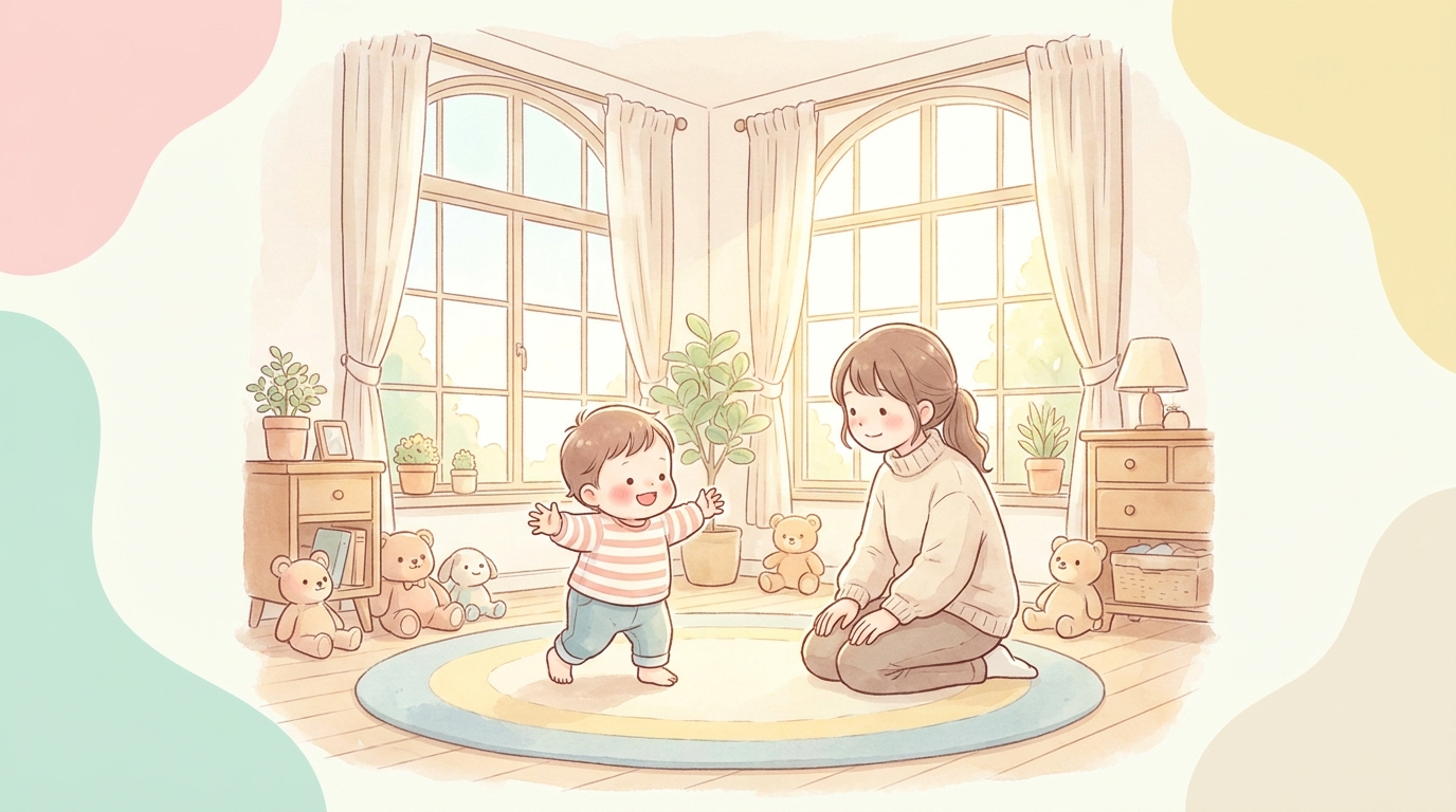 明るいリビングで両手を広げて初めての一歩を踏み出す1歳児と、笑顔で見守る母親の温かい光景