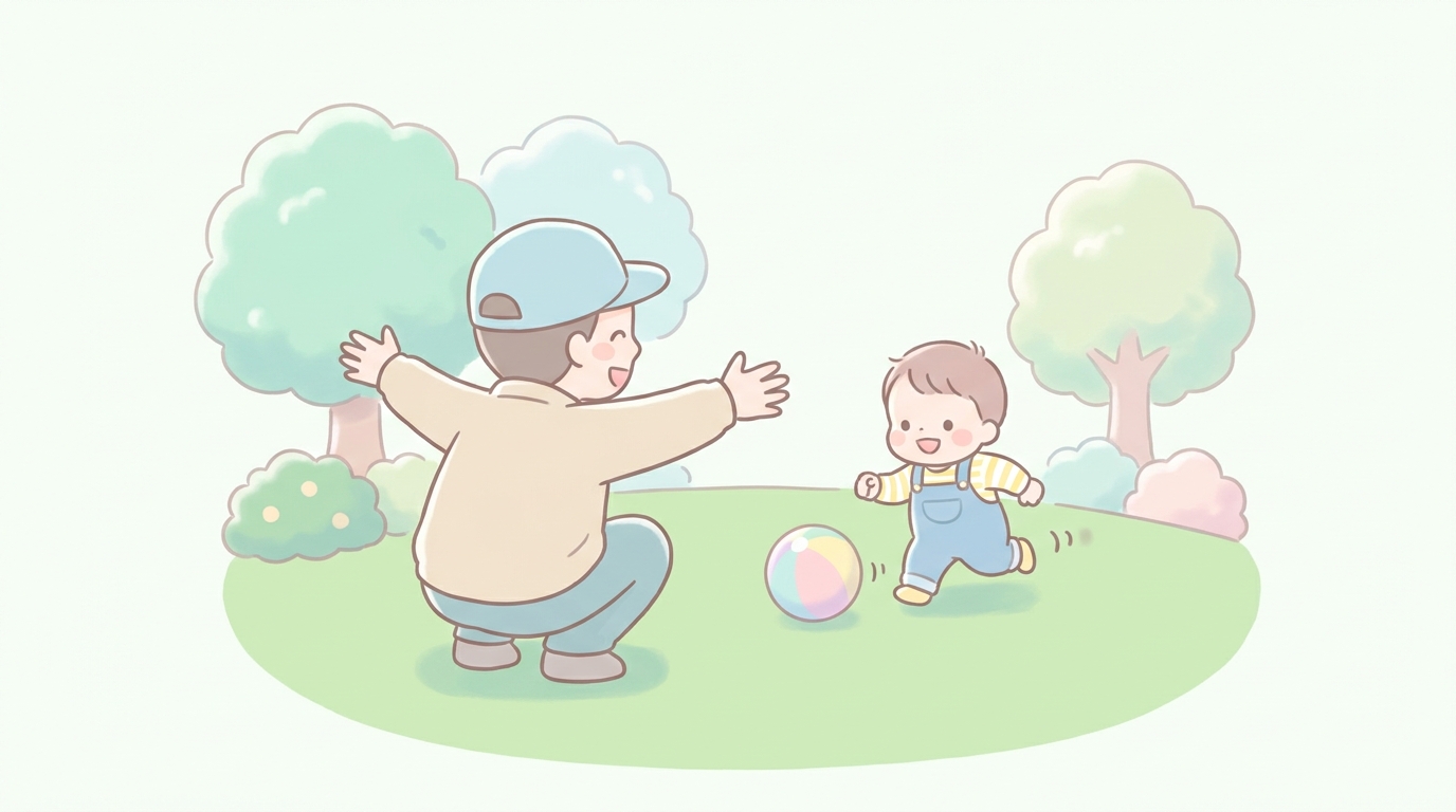 公園の芝生でボールを追いかけて走る1歳児と、しゃがんで両手を広げて待つ父親のほほえましい後ろ姿