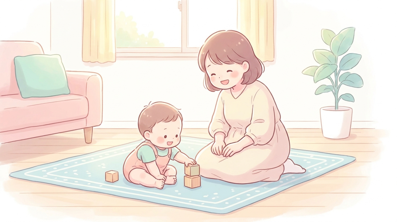 リビングの床で木製の積み木に手を伸ばして遊ぶ1歳の子どもと、優しく見守る母親の柔らかな自然光の風景