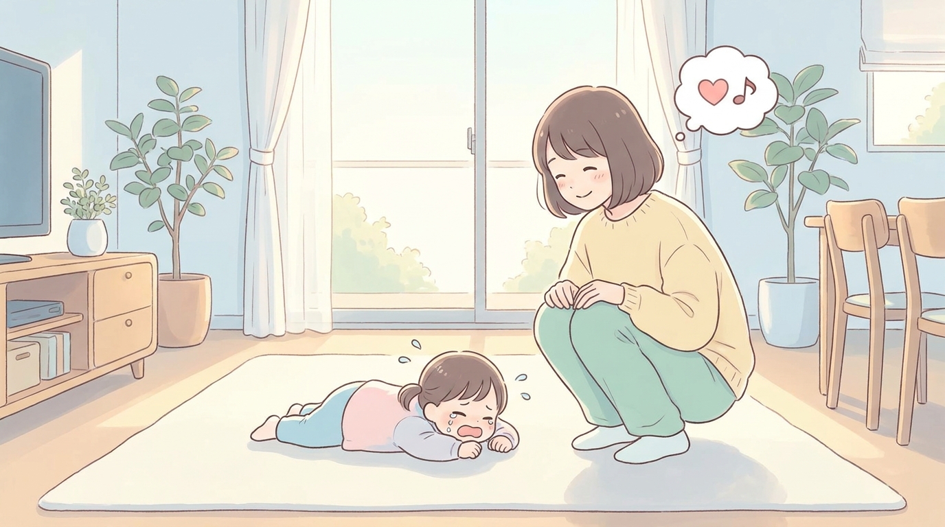 床に寝そべって泣いている2歳の女の子と、そばにしゃがんで優しく声をかける母親、明るいリビングの自然光