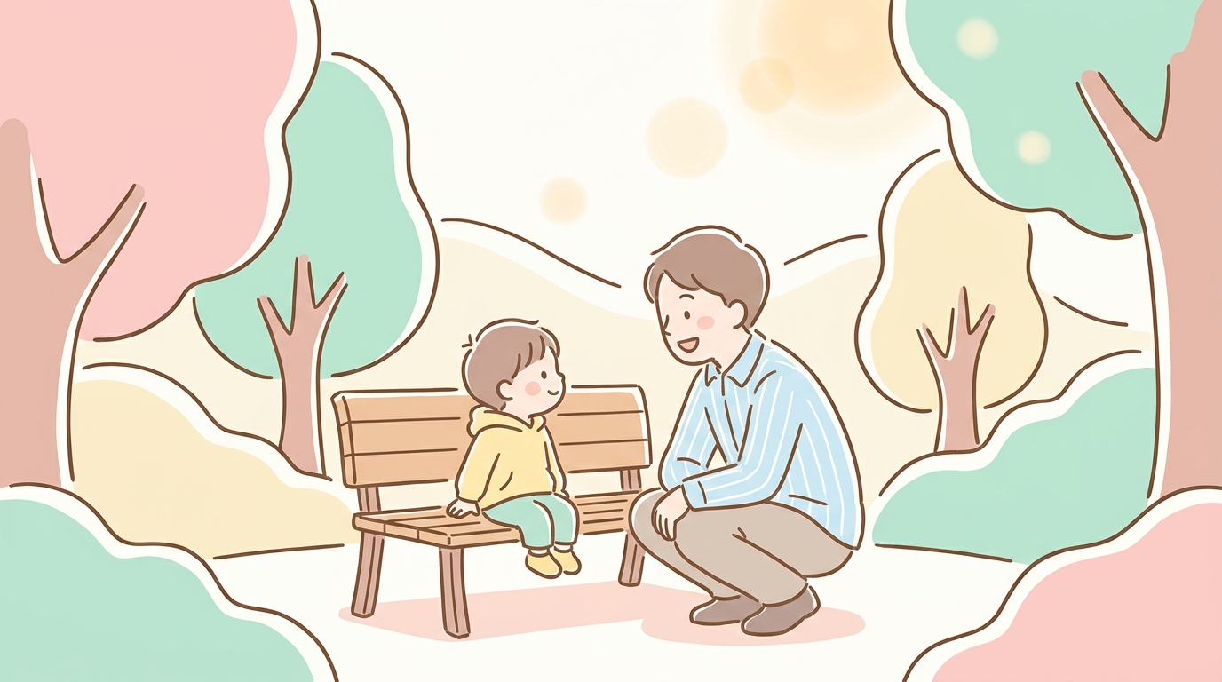 公園のベンチに座り、しゃがんで子どもと目線を合わせて笑顔で話す父親と2歳の男の子、午後の柔らかい光