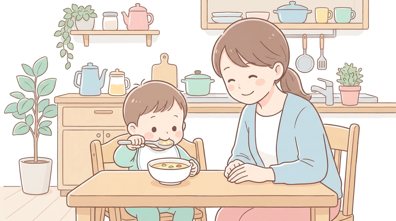 食卓でスプーンを握って自分でスープを飲もうとする2歳児と、温かく見守る母親、家庭的な木目調のキッチン