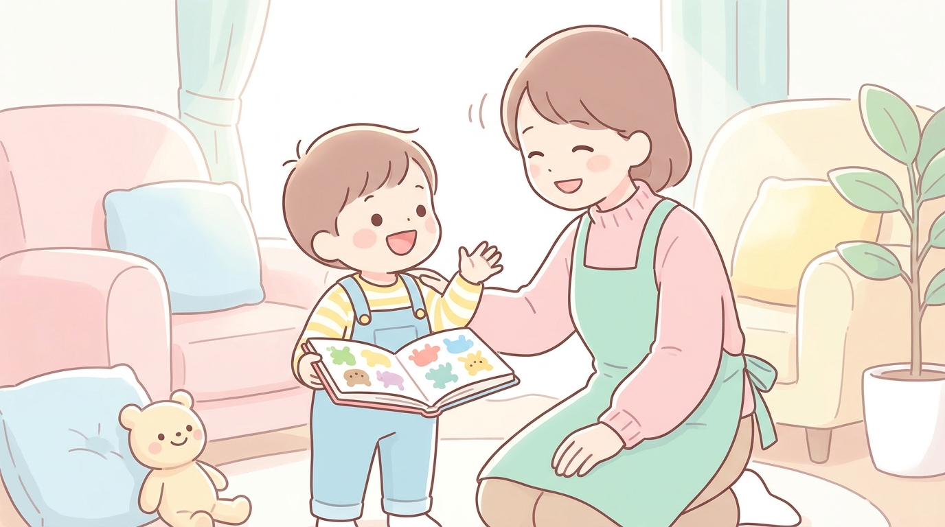 リビングで絵本を開きながら笑顔で母親に話しかける2歳くらいの男の子と、優しく相づちを打つ母親