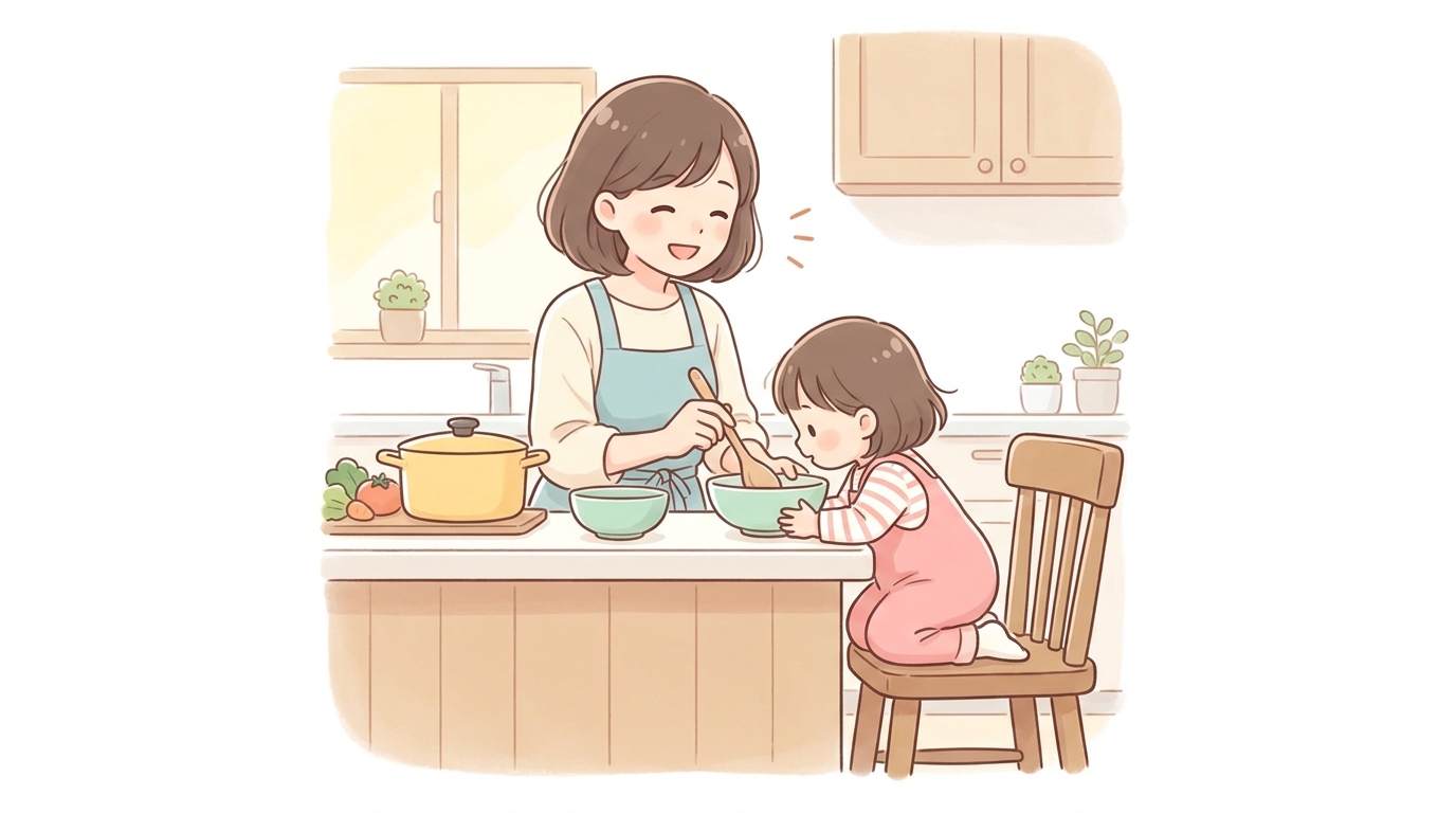 キッチンで料理をしながら子どもに優しく話しかける母親と、椅子の上で興味深そうに見ている2歳の女の子