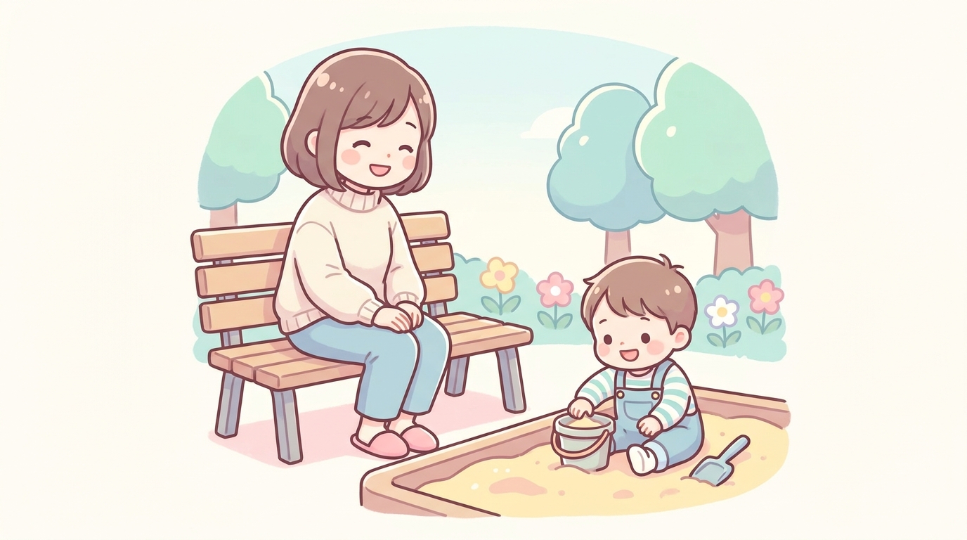 公園のベンチに座り、安心した表情で子どもの遊ぶ姿を見守る30代の母親と、砂場で楽しそうに遊ぶ2歳の子ども