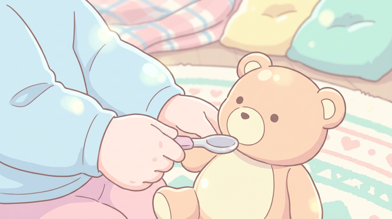 リビングのラグの上で、ぬいぐるみにおもちゃのスプーンでご飯を食べさせる真似をしている2歳の女の子の手元