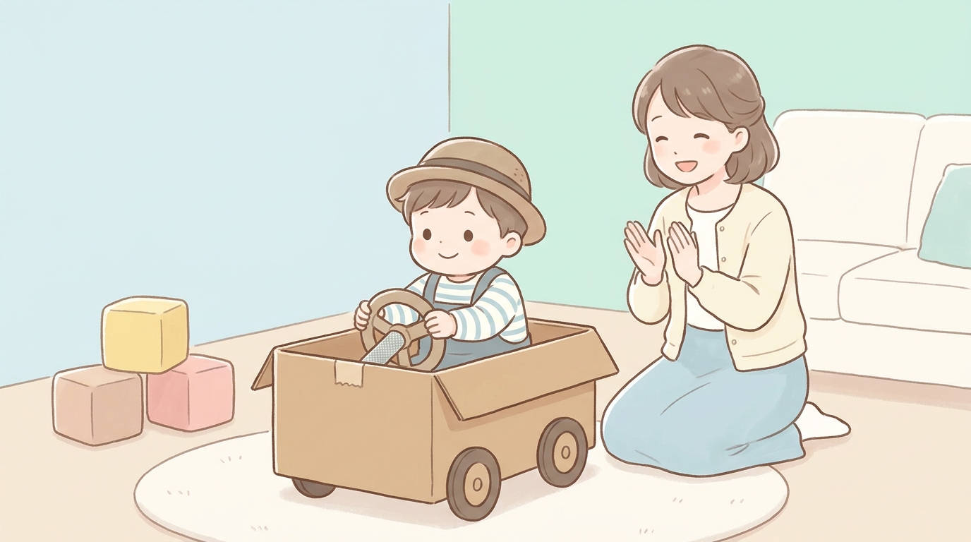 段ボールで作った手作りの電車に乗って、運転手のつもりでハンドルを握っている2歳の男の子と笑顔で見守る母親