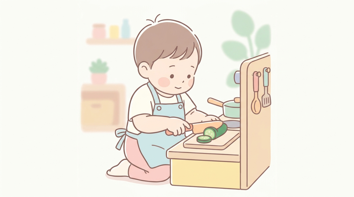 木製のおままごとキッチンの前で、エプロンを着けて野菜のおもちゃを切っている2歳児の真剣な表情