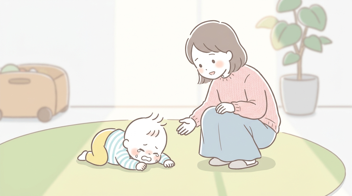 リビングの床に寝転がって泣きじゃくる2歳児と、横にしゃがんで優しく見守る母親の温かい雰囲気